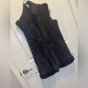 Damselle Suede patchwork rabbit trimmed vest with Toggle Horned buttons.